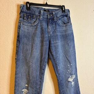 True Religion Ricky Relaxed Straight Distressed Blue Denim Jeans Mens Size 28x32
